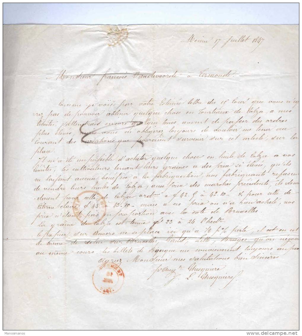 334/17 -  Lettre Précurseur YPRES 1847 Vers TERMONDE - Port 4 Décimes - Signé Ghesquière à MENIN - Bureaux De Passage