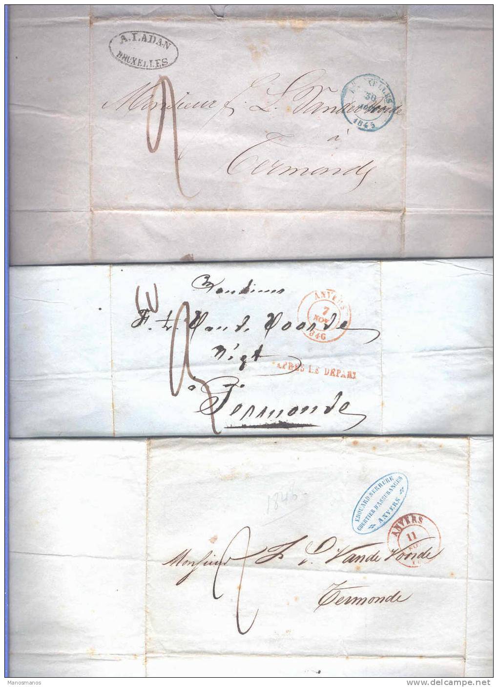 336/17 -  7 Lettres Précurseurs1843 / 1850 Vers TERMONDE - Archive Van De Voorde , Négociant En Huiles - Ports Divers - Doorgangstempels