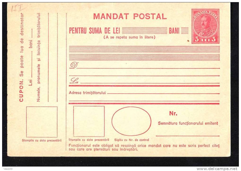 1937 BULETIN D´EXPEDITION MANDATE POSTALE ,IMPRINTED POSTAGE 3 LEI KING MIHAI - Paquetes Postales