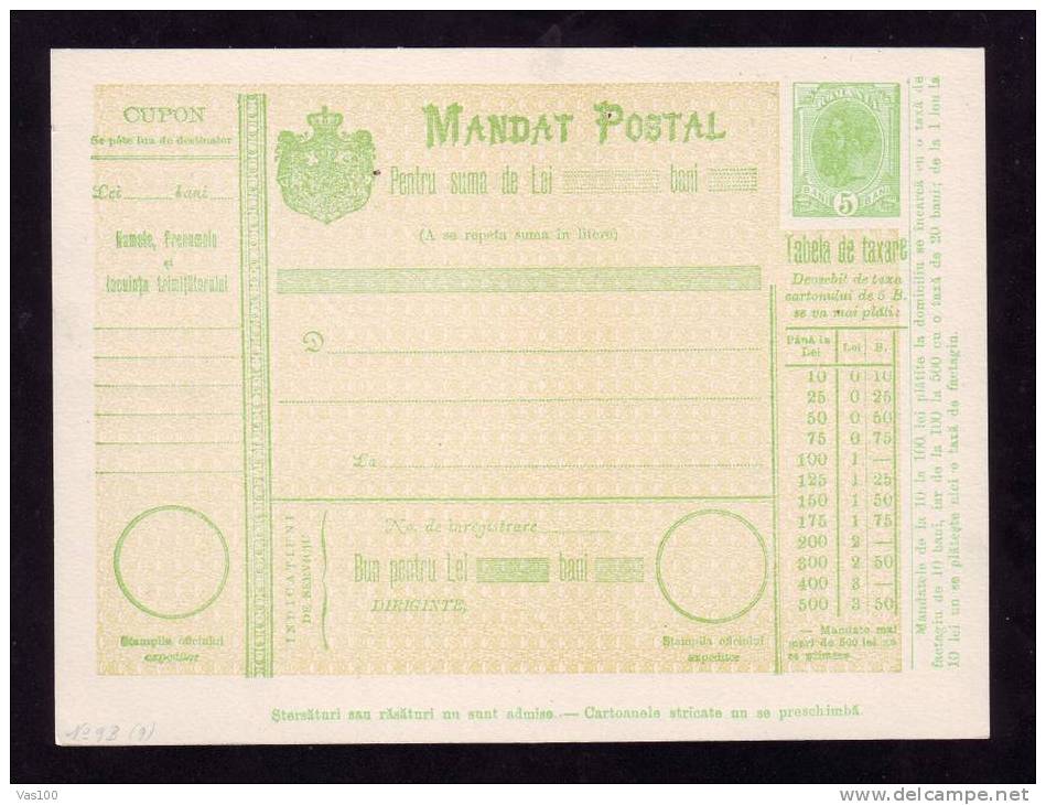 190? BULETIN D´EXPEDITION MANDATE POSTALE INTERNATIONALE,IMPRINTED POSTAGE 5 BANI,CAROL.(A9) - Postpaketten