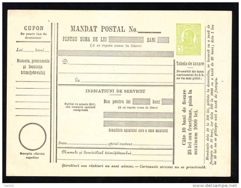 190? BULETIN D´EXPEDITION MANDATE POSTALE INTERNATIONALE,IMPRINTED POSTAGE 5 BANI,CAROL.(A8) - Paketmarken