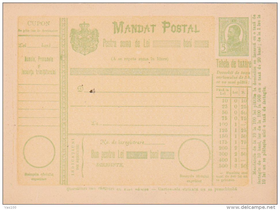 190? BULETIN D´EXPEDITION MANDATE POSTALE INTERNATIONALE,IMPRINTED POSTAGE 5 BANI,CAROL.(A7) - Postpaketten