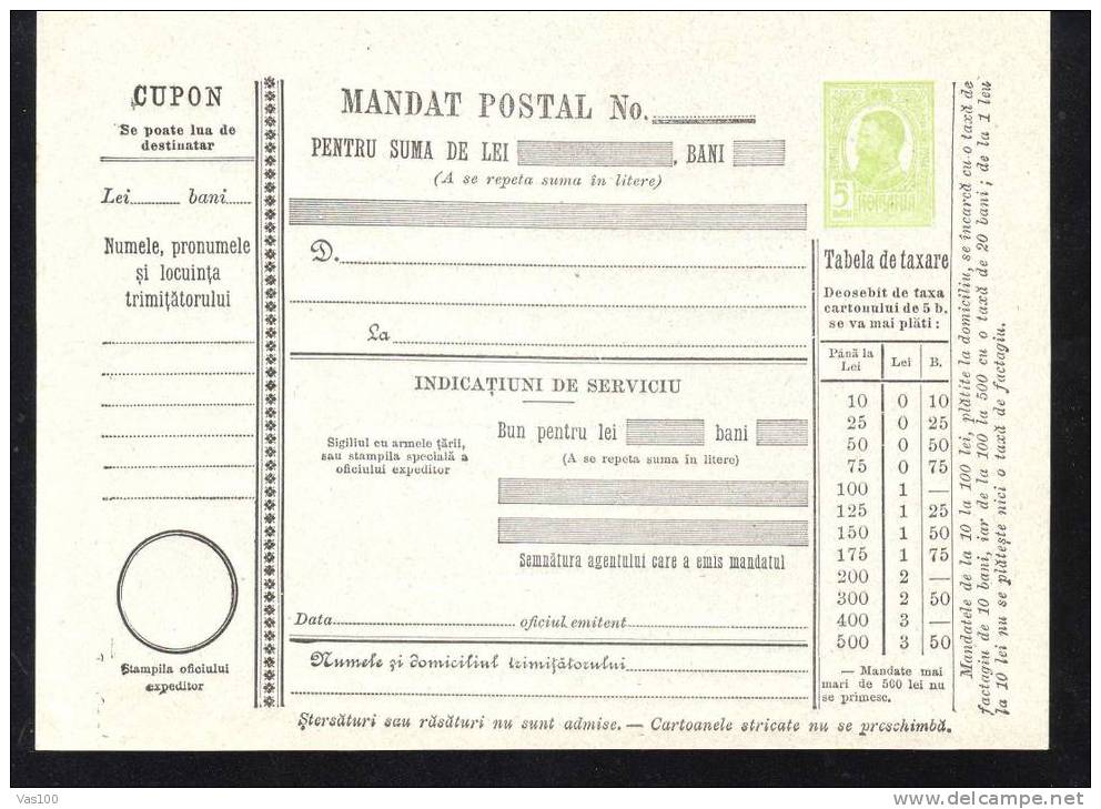 190? BULETIN D´EXPEDITION MANDATE POSTALE INTERNATIONALE,IMPRINTED POSTAGE 5 BANI,CAROL.(A6) - Paketmarken