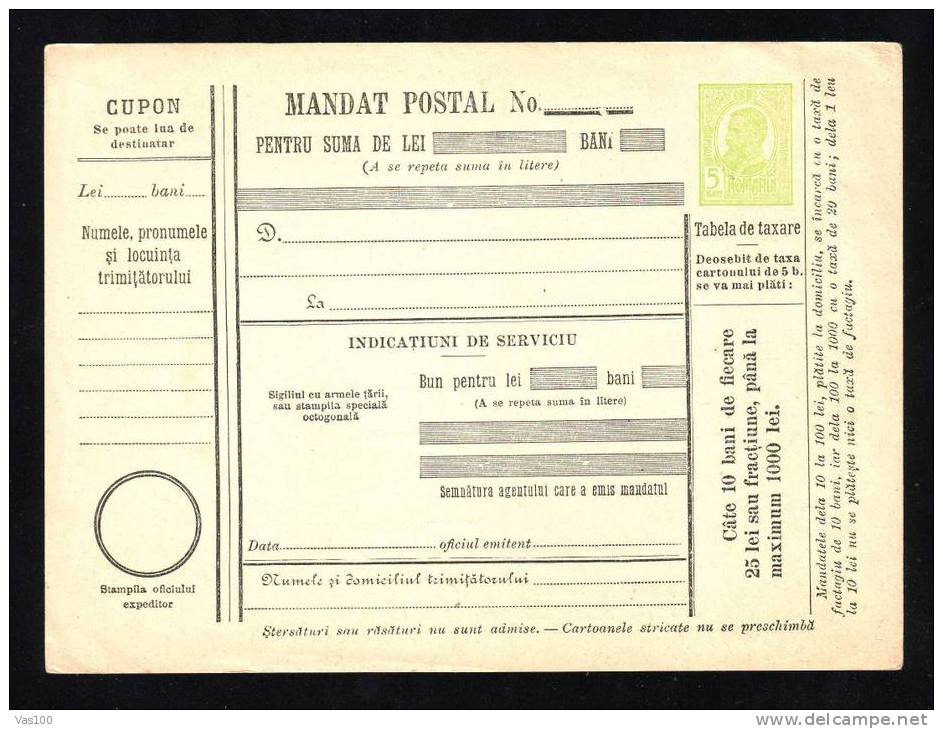 190? BULETIN D´EXPEDITION MANDATE POSTALE INTERNATIONALE,IMPRINTED POSTAGE 5 BANI,CAROL.(A5) - Postpaketten
