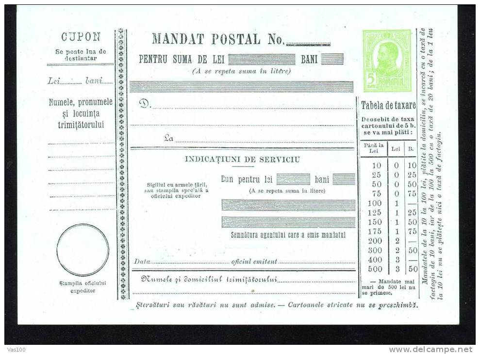 190? BULETIN D´EXPEDITION MANDATE POSTALE INTERNATIONALE,IMPRINTED POSTAGE 5 BANI,CAROL.(A1) - Paketmarken