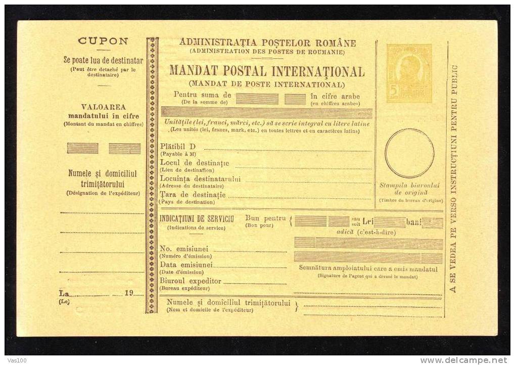 OLD BULETIN D´EXPEDITION MANDATE POSTALE INTERNATIONALE ,INTERNATIONAL  MONEY ORDER,IMPRINTED POSTAGE 5 BANI,FERDINAND. - Paquetes Postales