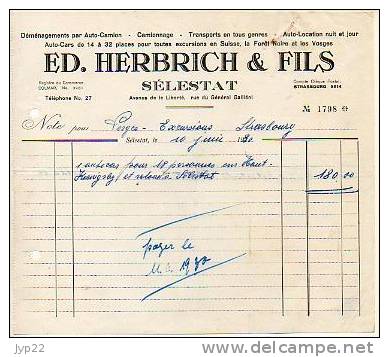 Facture Ed. Herbrich & Fils Sélestat 10-06-1930 - Déménagement Camionnage Transport Location Car Autocar ... - Transport