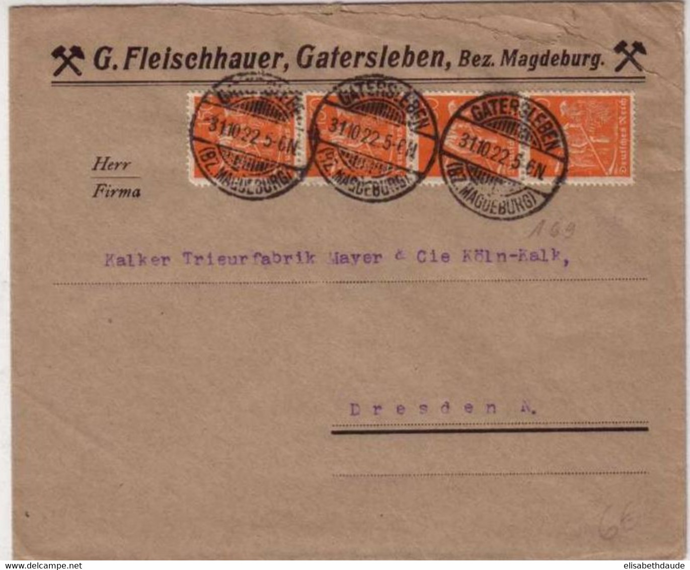 INFLATION - 31 OCTOBRE 1922 - AFFRANCHISSEMENT à 600 Marks Sur LETTRE COMMERCIALE De GATERSLEBEN (MAGDEBURG) - Briefe U. Dokumente