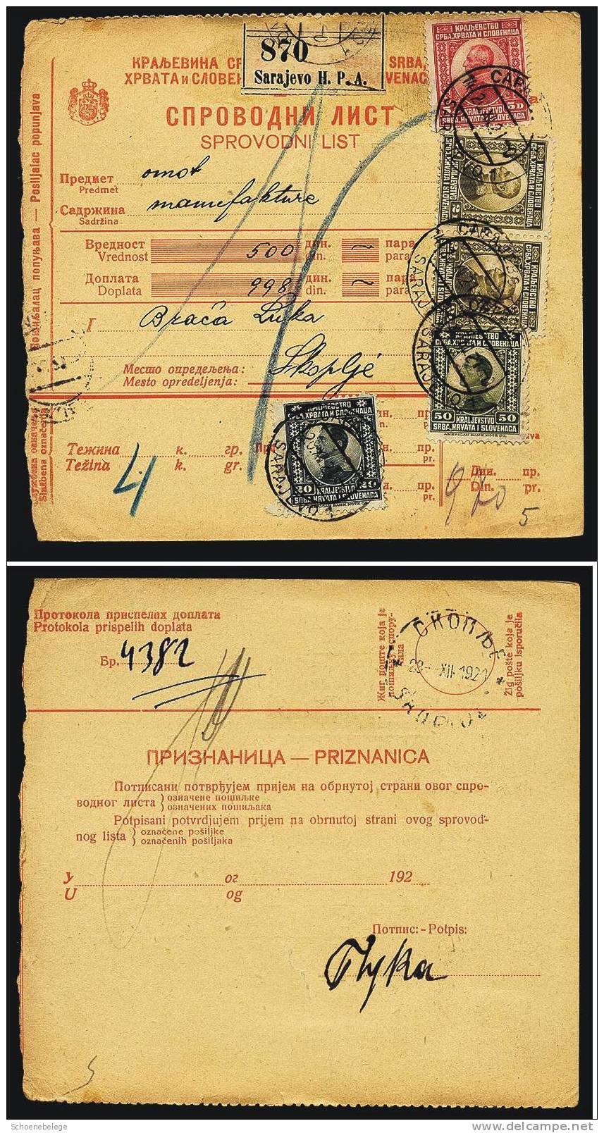 A588) Yugoslavia Wert-Nachnahme-Paketkarte Von Sarajevo 1921 Nach Skopje - Sonstige & Ohne Zuordnung
