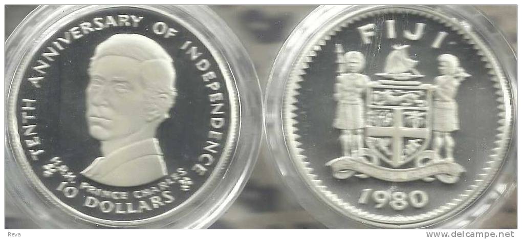 FIJI $10 10TH ANN OF IND. CHARLES FRONT QEII HEAD BACK 1980 AG SILVER PROOF KM47(?) READ DESCRIPTION CAREFULLY !!! - Fiji