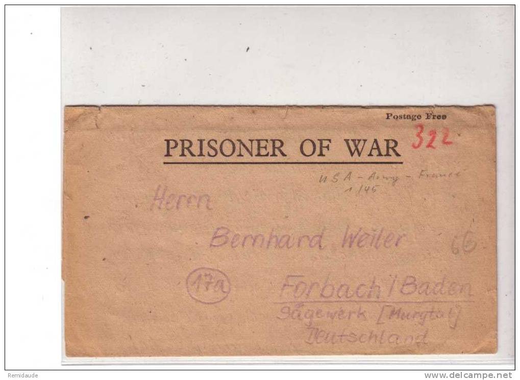 PRISONNIER DE GUERRE 39/45  ALLEMAND En FRANCE - LETTRE D'un PRISONNIER Au Mains Des AMERICAINS En FRANCE En JANVIER 45 - Guerre De 1939-45