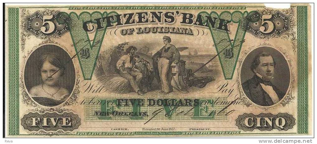 UNITED STATES US $5 BANK OF LOUISIANA WOMAN ETC FRONT & MOTIF BACK  DATED 30-06-1857 AF READ DESCRIPTION !! - Otros & Sin Clasificación