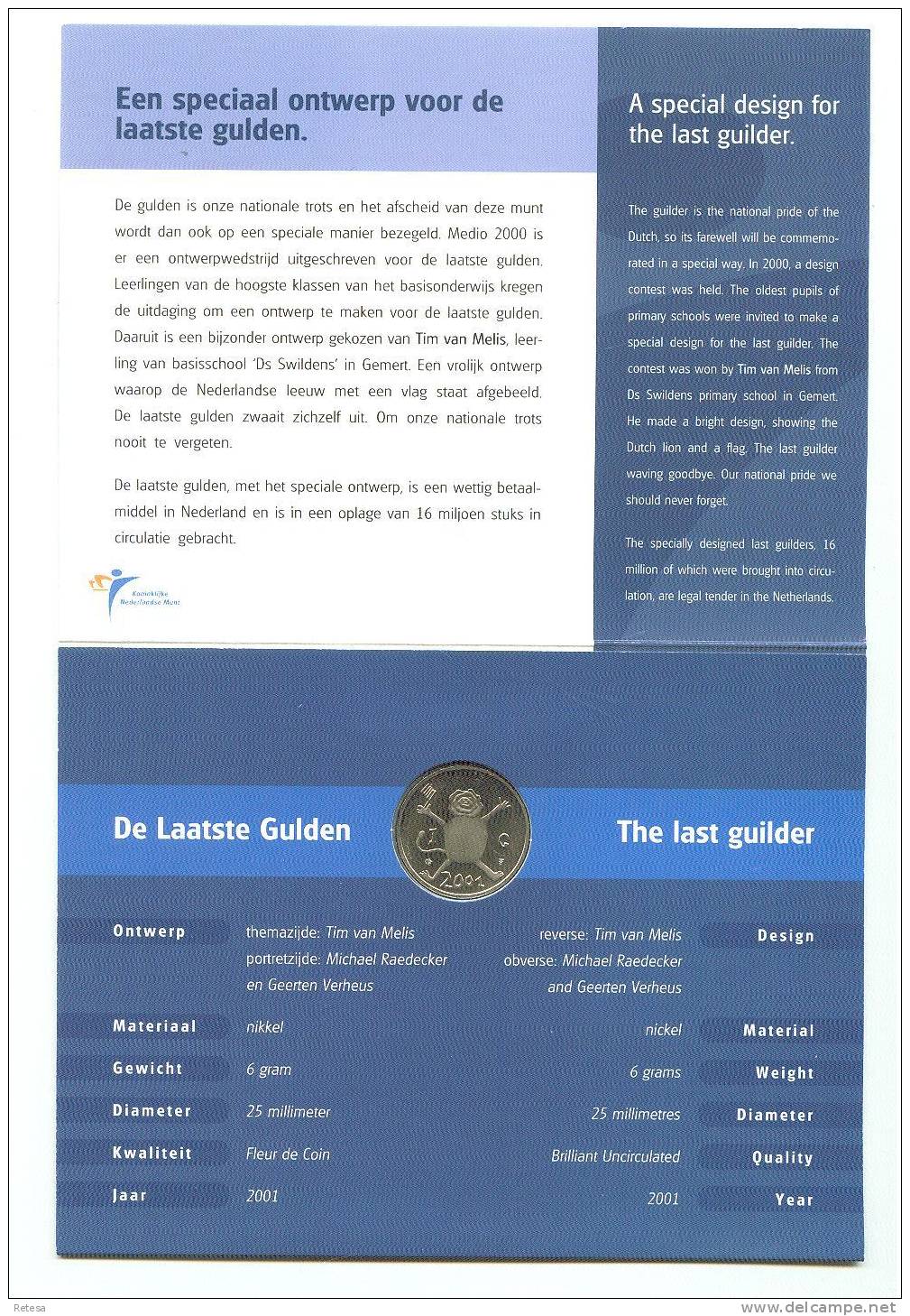 NEDERLAND  DE LAATSTE 1 GULDEN  SET  2001  F.D.C. - Jahressets & Polierte Platten