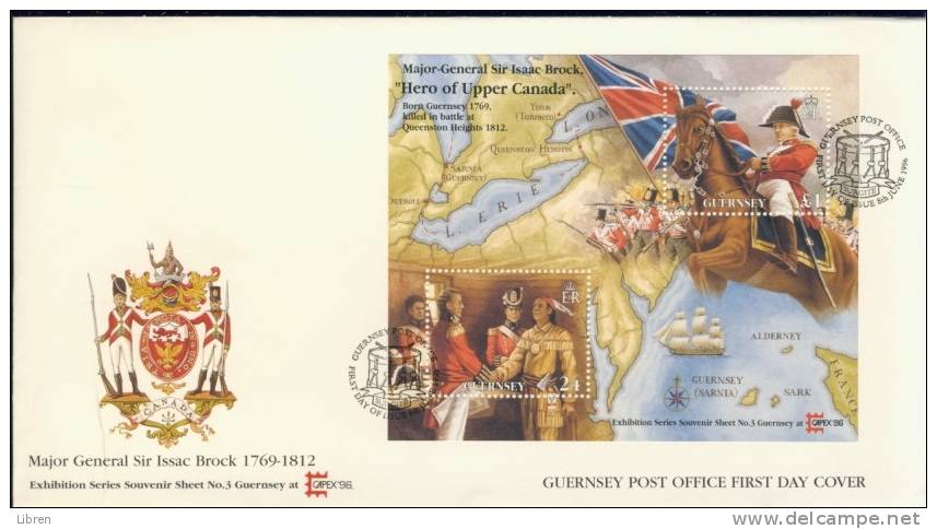 GUERNSEY 1996 FDC YV M/S, BLOCK 33 MILITARY, MAJOR GENERAL SIR ISAAC BROCK, HERO OF UPPER CANADA. - Guernesey