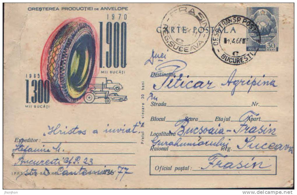 Romania- Postal Stationery Postcard 1966 Circulated- Increased Production Of Tires! - Vrachtwagens