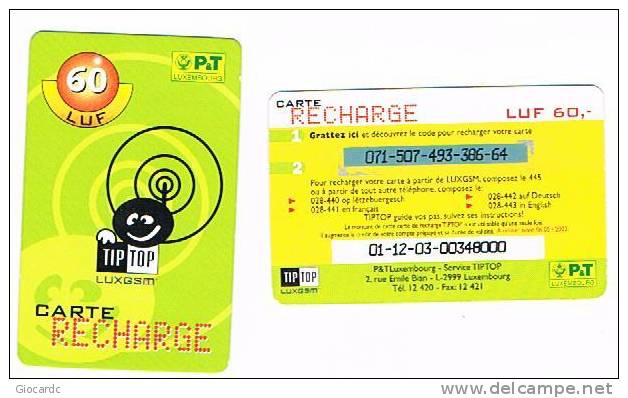 LUSSEMBURGO (LUXEMBOURG) - P&T GSM RECHARGE - TIPTOP 60 LUF EX. 05.2002  - USED - RIF. 7924 - Lussemburgo