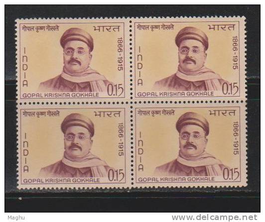 India 1966 MNH, Block Of 4, Gokhale, Patriot, - Blokken & Velletjes