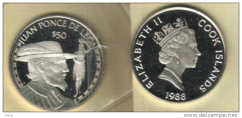 COOK ISLANDS $50  JUAN PONCE  FROM EXPLORERS SERIES QEII HEAD BACK1988 AG SILVER BUNC  KM? READ DESCRIPTION CAREFULLY!! - Cookinseln