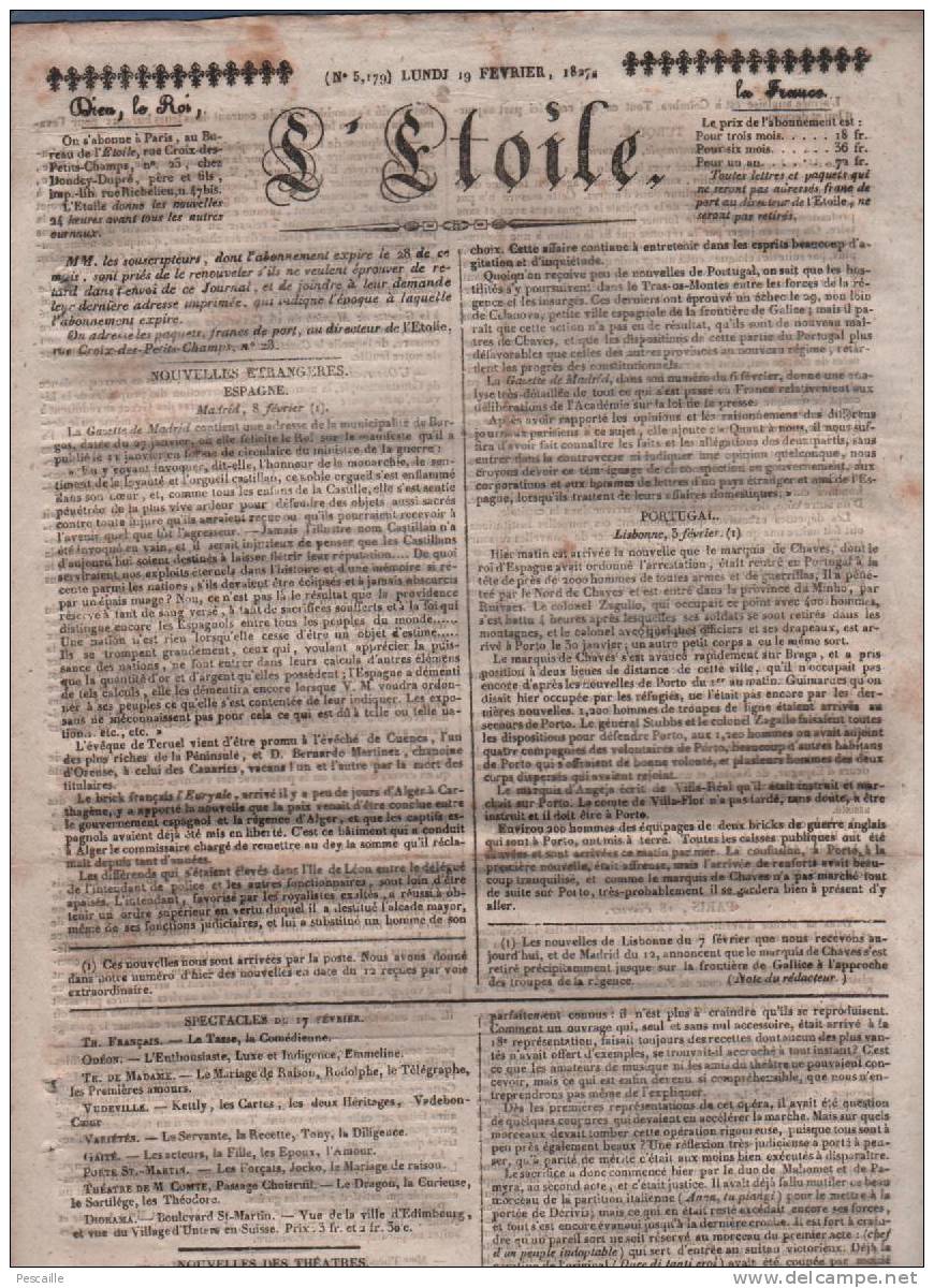 L´ETOILE 19 02 1827 - ESPAGNE - PORTUGAL - TURQUIE - TRAITE DES NOIRS FERNANDO-PO - LIBERTE DE LA PRESSE - 1800 - 1849