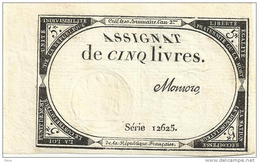 FRANCE 5 LIVRES  MOTIF FRONT  UNIFACE ASSIGNAT ND(1792)?  SERIES 12625 P?  READ DESCRIPTION !! - Assignats