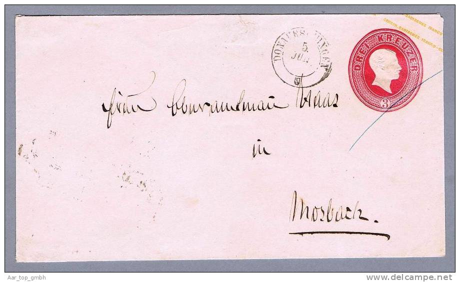 Baden Ganzsache 3 Kreuzer Mi#U6IA Donaueschingen Nach Mosbach - Postal  Stationery