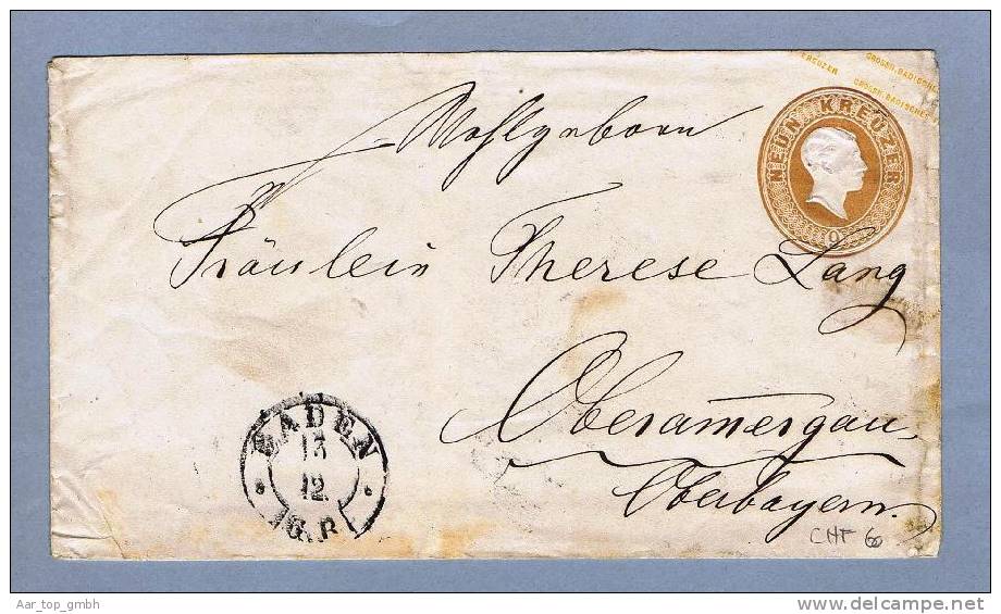 Baden Ganzsache 9 Kreuzer Von Baden Nach Obermergen - Postal  Stationery