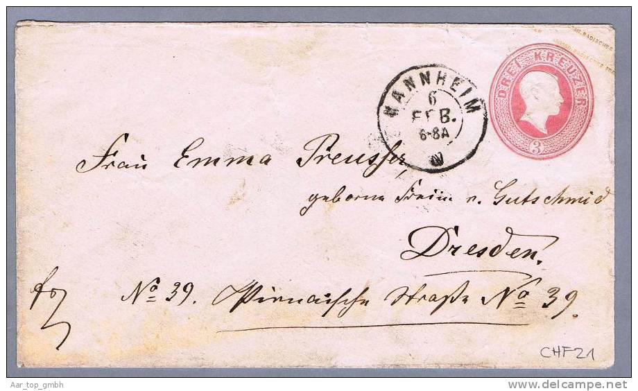 Baden Ganzsache 3 Kreuzer Mi#U6IA Von Mannheim Nach Dresden - Postal  Stationery