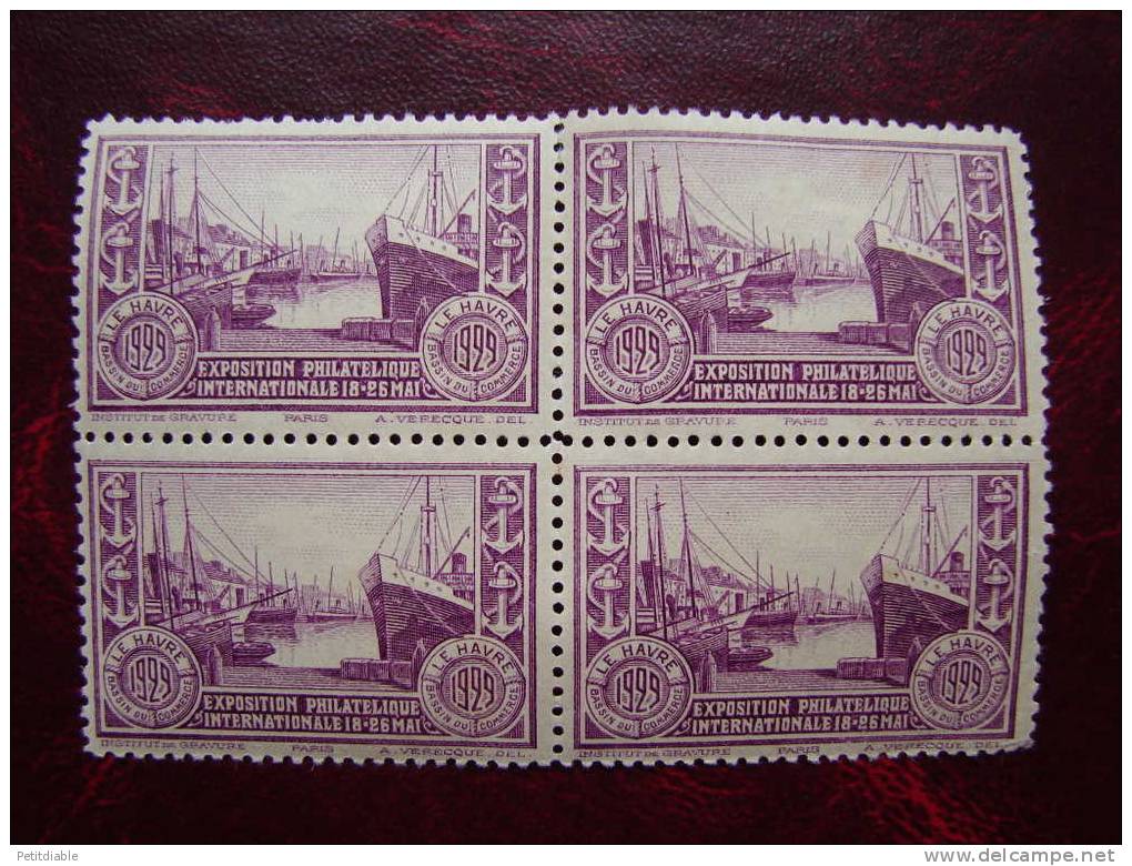 Vignette Violette ( En Groupe De 4 ) De L'exposition Philatélique Internationaledu Havre De Mai 1929. - ** - - Briefmarkenmessen