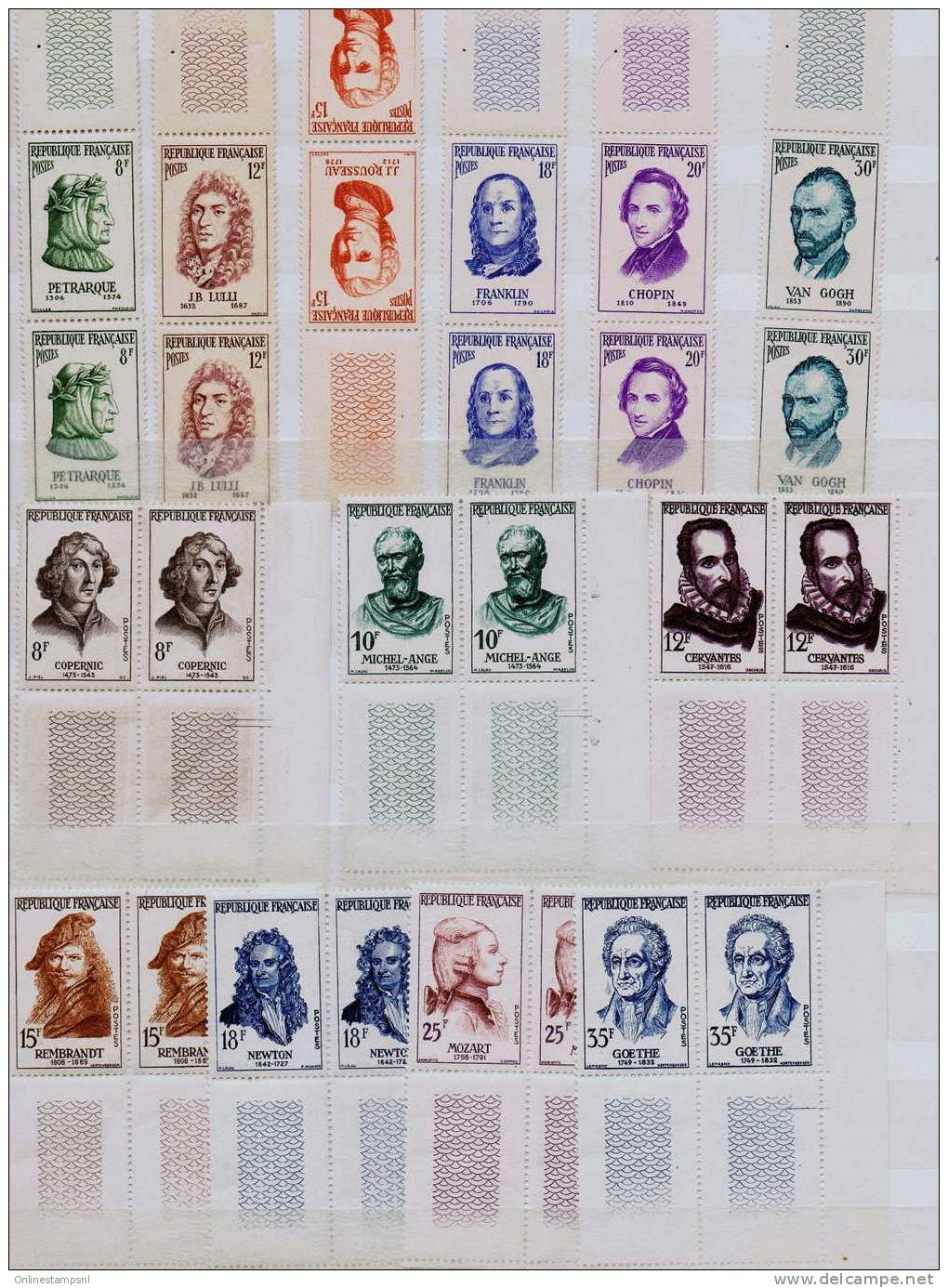 France 1956 Michel Nrs 1110 - 1115 + 1167/73 In 4 Blocks + Corner / Side Pieces - Unused Stamps