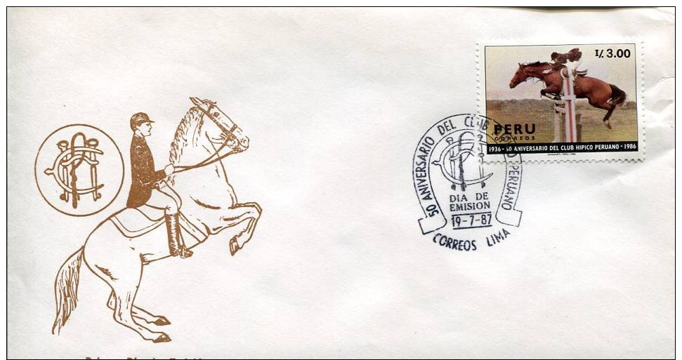 Peru, Fdc Anniversary Of The Club Of Peru, Hippisme, Hippique 1987 Horse Racing - Ippica