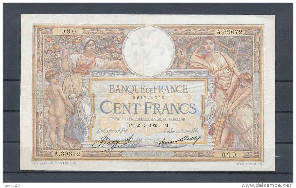 BILLET / 100 FRANCS  LUC OLIVIER MERSON TTB 23-3-1933 - 100 F 1908-1939 ''Luc Olivier Merson''