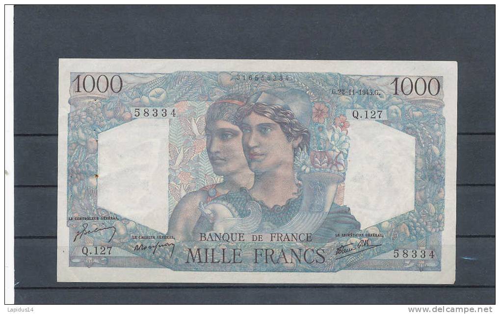 BILLET / 1000 FRANCS MINERVE ET HERCULE TTB + 22-11-1945 G - 1 000 F 1945-1950 ''Minerve Et Hercule''