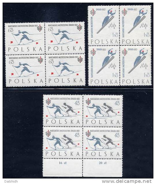 POLAND 1962 Nordic Skiing Set In Blocks Of 4 MNH / **.  Michel 1294-96A - Unused Stamps