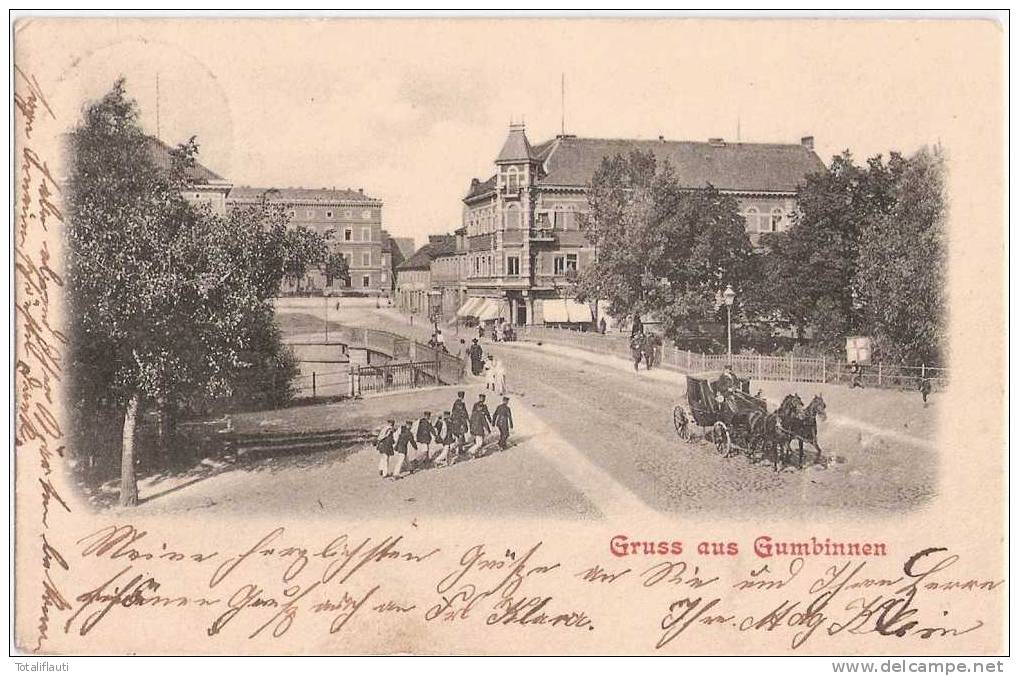 Gruss Aus Gumbinnen Belebt Soldaten Pferde Kutsche Gussew 5.6.1903 Gelaufen Brücke Pisa ? Rominte ? - Ostpreussen