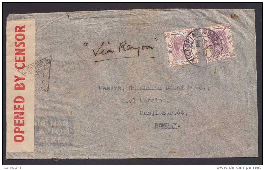 Hong Kong  KG VI  29 SE 41   KG VI $ 1.50  Rate  Airmail Cover To India Censored On Arrival # 20531 - 1941-45 Occupation Japonaise