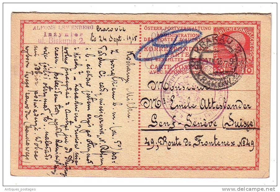 Pologne Poland Cracovie Suisse Alfons Lewenberg Krakow 1915 Cachet Militaire - Sonstige & Ohne Zuordnung