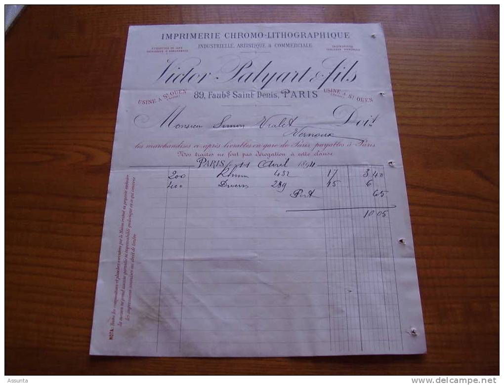 1894 : Facture Imprimerie Chromo Lithographique Victor Palyart & Fils à St Ouen & Paris . étiquettes, Calendriers, Catal - Druck & Papierwaren