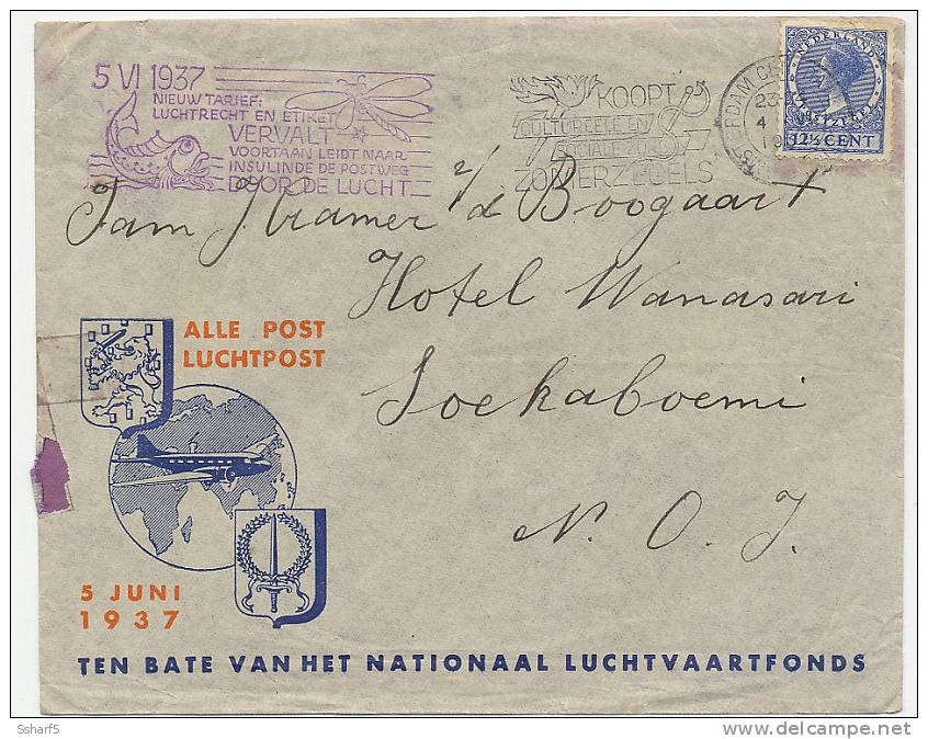 LUCHTPOST 1937 => JAVA Ten Bate Van Het Nationaal Luchtvaartsfonds  Luchtrecht En Etiket - Storia Postale