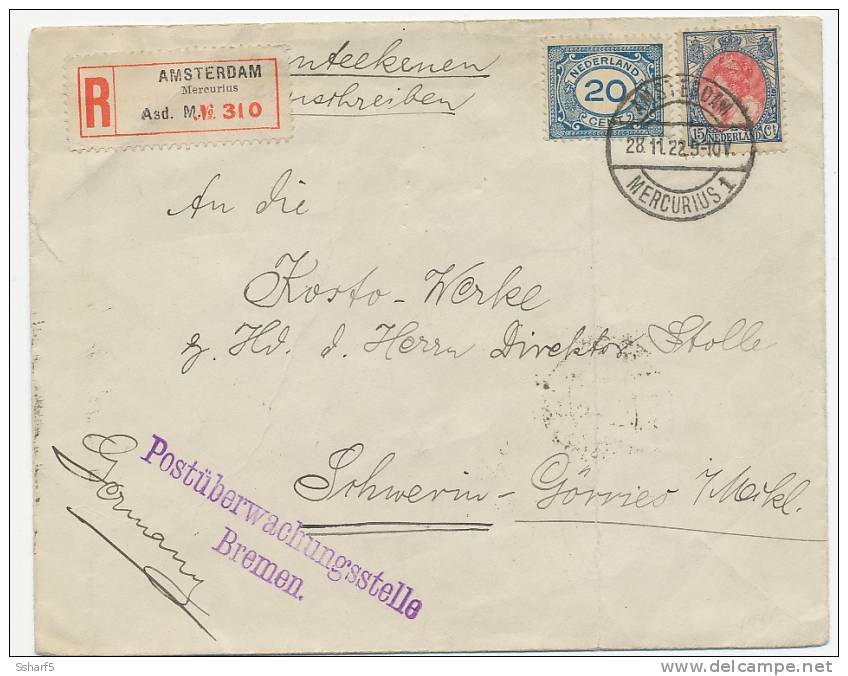 AMSTERDAM MERCURIUS 1922 => Schwerin POSTÜBERWACHUNGSSTELLE BREMEN - Postal History