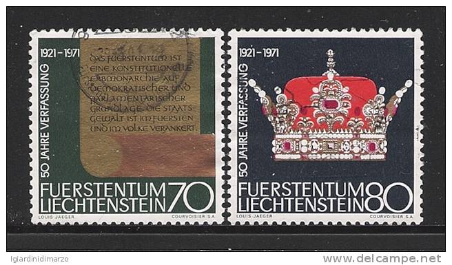 LIECHTENSTEIN - 1971 - 2 VALORI USATI "CINQUANTENARIO DELLA COSTITUZIONE" - IN OTTIME CONDIZIONI. - Oblitérés