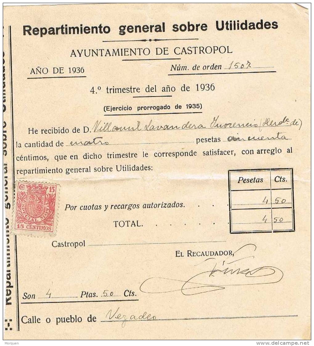 Recibo Ayuntamiento CASTROPOL (Oviedo) 1936 - Fiscaux