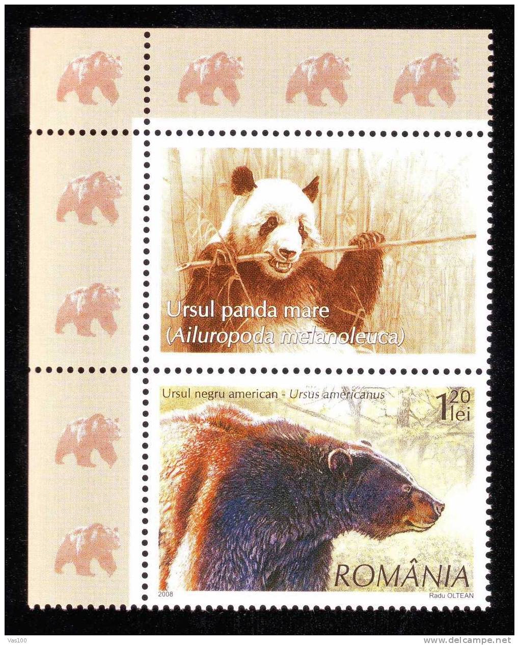 Romania Stamps 1,20 Lei + Label + Margin ** MNH BEARS ,OURS,price Face Value!!. Model B - Ours
