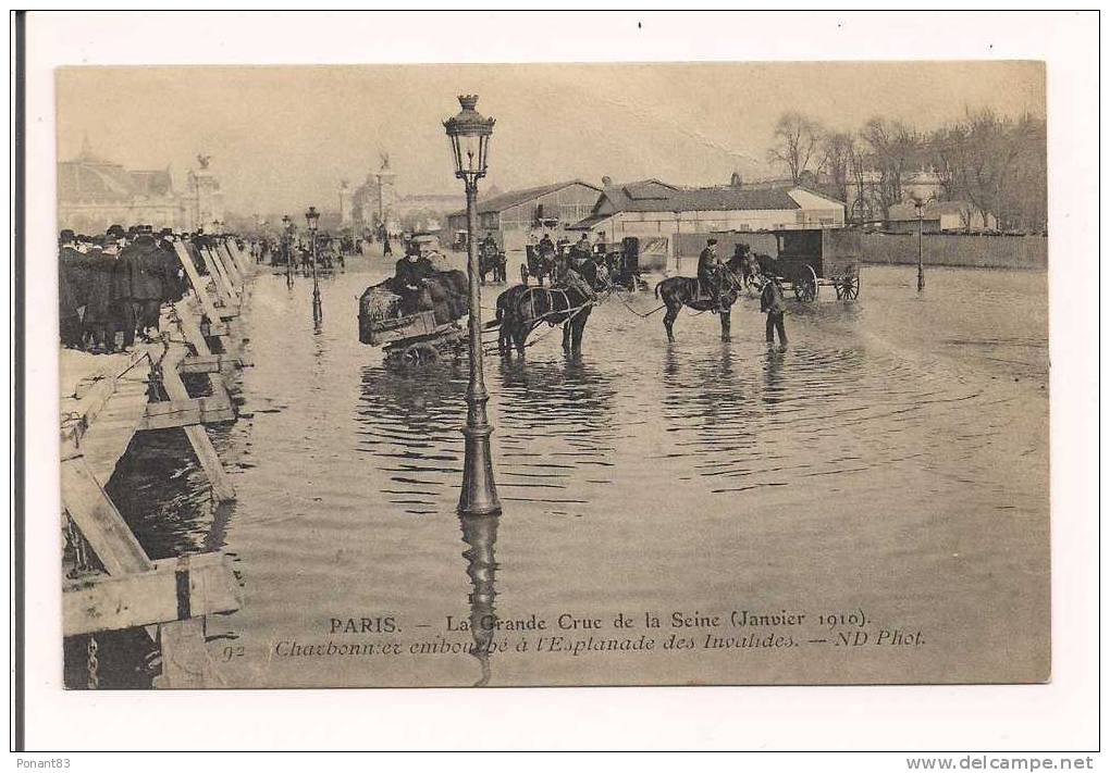 Crue 1910: Charbonnier Embourbé à L'Esplanade Des Invalides - Voyagé 1/3/1910 - - Inondations De 1910