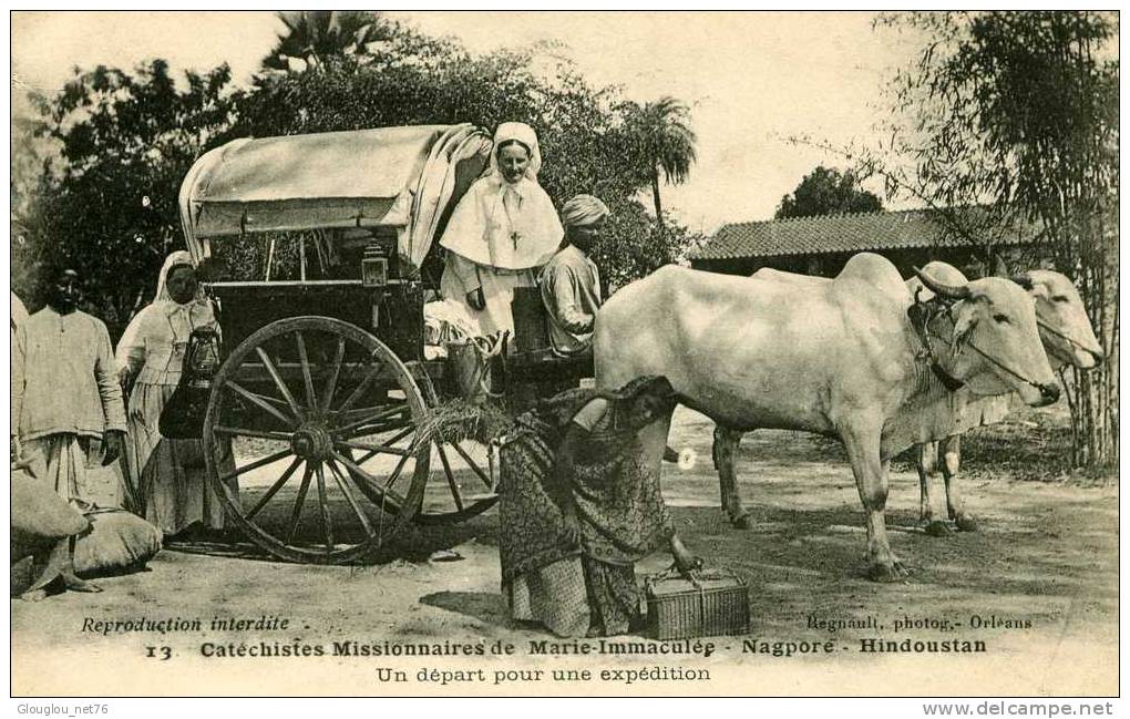 CPA CATECHISTES MISSIONNAIRES AVEC ATTELAGE DE BOEUFS ET ROULOTTE NAGPORE HINDOUSTAN TRES ANIMEE - Missionen