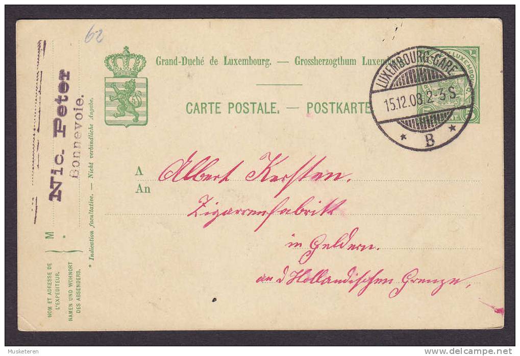 Luxembourg Postal Stationery Ganzsache Entier Nic. Peter, Bonnevoie, Deluxe Cancel LUXEMBOURG-GARE 1908 - Stamped Stationery