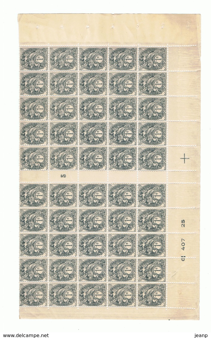 Blanc 1c Ardoise Yvert 107, Bas De Feuille De 50 Timbres, Millésime 5, Avec Isolé IA, ** - 1900-29 Blanc