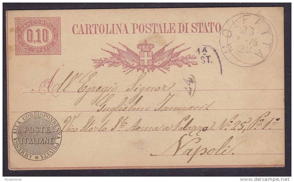 Italy Postal Stationery Ganzsache Entier Cartolina Postale Di Stato Service Dienst MOLFETTA 1878 To Napoli - Entero Postal