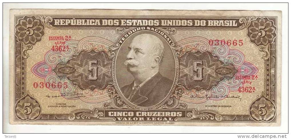 Billet De 5 Cruzeiros Brésil Brasil - Brazilië