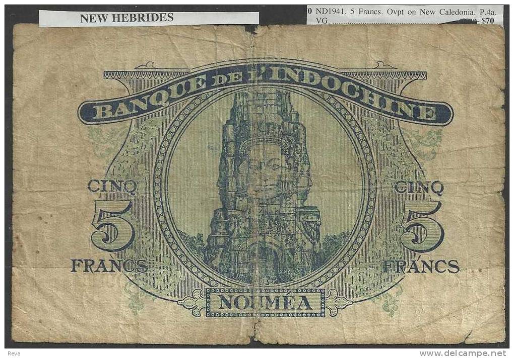 VANUATU NEW HEBRIDES 5 FRANCS BLUE WOMAN O/P ON NEW CALEDONIA  FRONT TEMPLE BACK ND(1941) P4a READ DESCRIPTION - Vanuatu