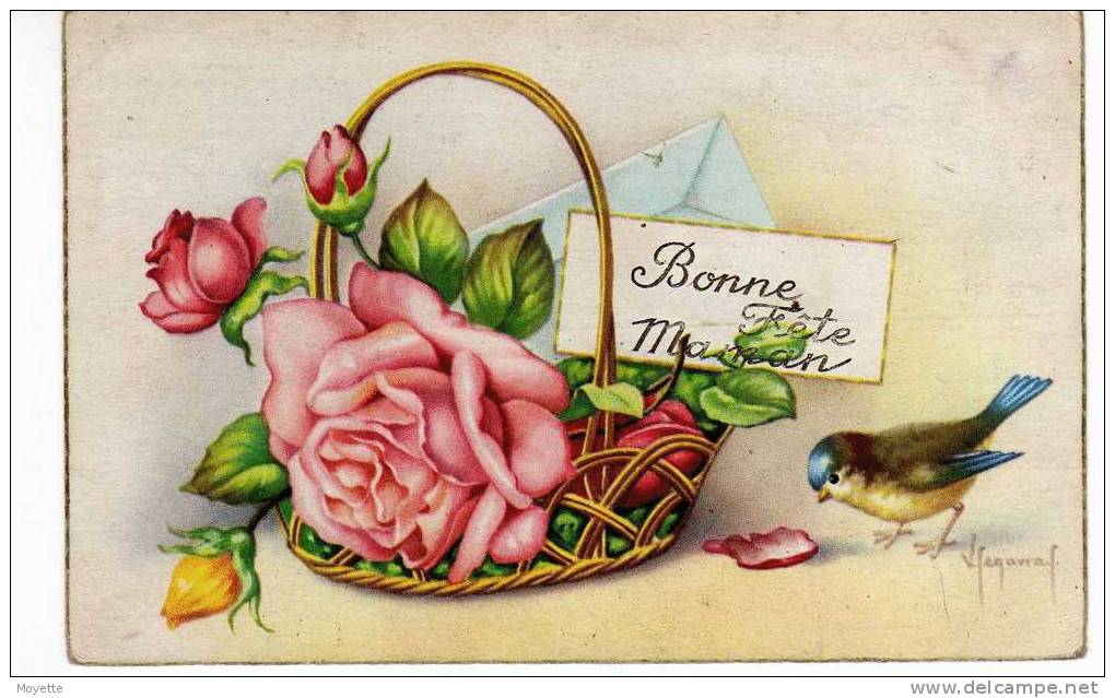 FANTAISIE-CPA-BONNE FÊTE MAMAN-DESSIN D'UN PANIER DE ROSES ET UN PETIT OISEAU - Muttertag